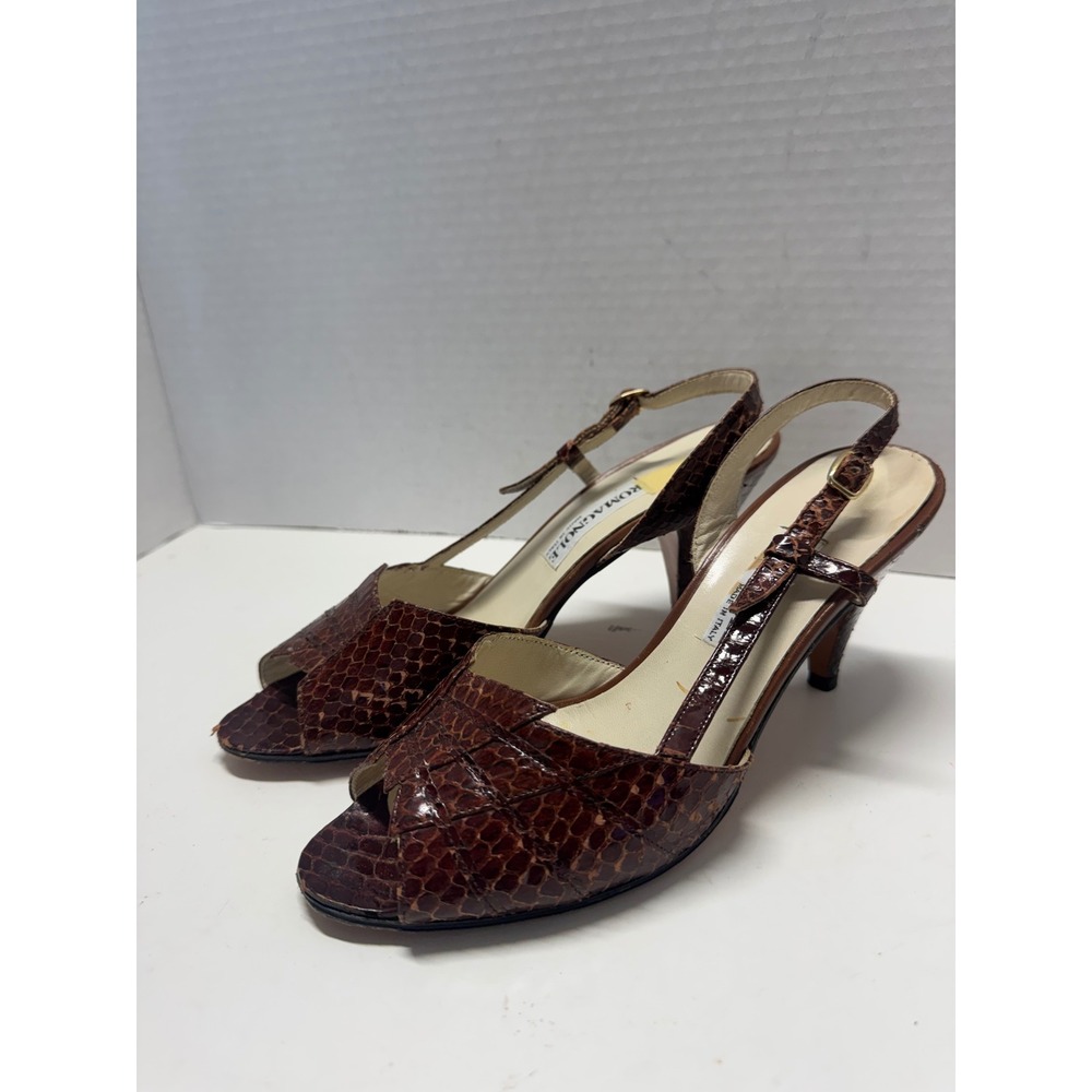 Romagnole Vintage Brown Snakeskin Peep Toe Slingback Heels Made in Italy 38 7.5